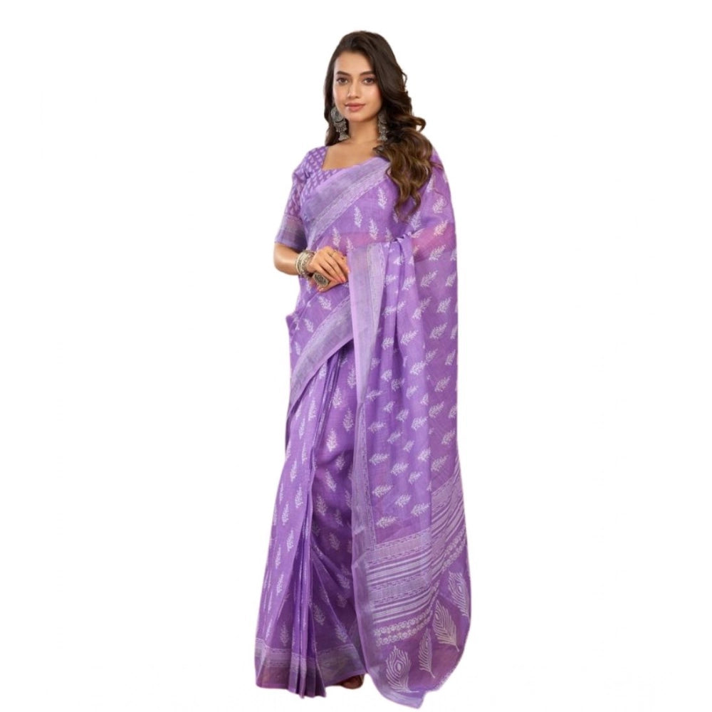 Generic Women's Faux Linen Floral Ready to wear Saree With Unstitched Blouse 5.5Mtr (Lavender)