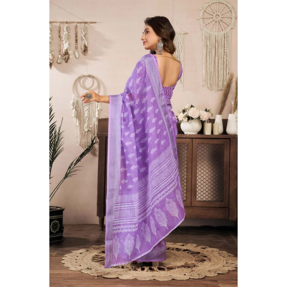 Generic Women's Faux Linen Floral Ready to wear Saree With Unstitched Blouse 5.5Mtr (Lavender)