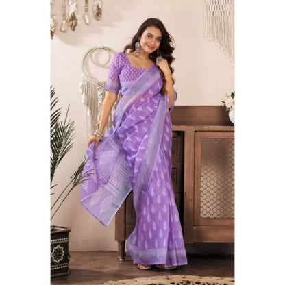 Generic Women's Faux Linen Floral Ready to wear Saree With Unstitched Blouse 5.5Mtr (Lavender)
