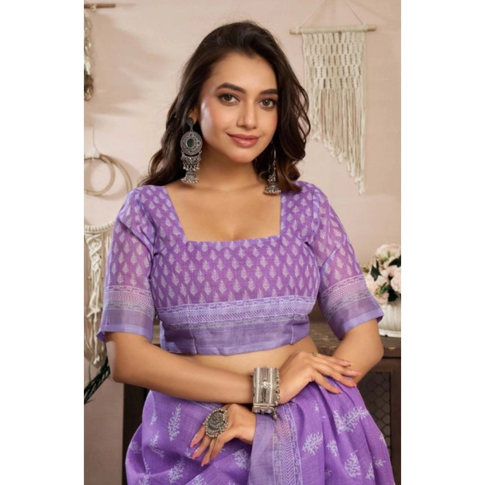 Generic Women's Faux Linen Floral Ready to wear Saree With Unstitched Blouse 5.5Mtr (Lavender)