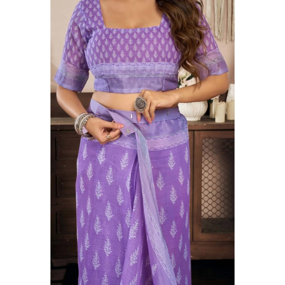 Generic Women's Faux Linen Floral Ready to wear Saree With Unstitched Blouse 5.5Mtr (Lavender)