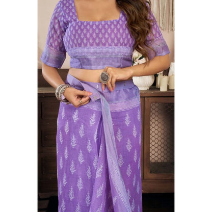 Generic Women's Faux Linen Floral Ready to wear Saree With Unstitched Blouse 5.5Mtr (Lavender)