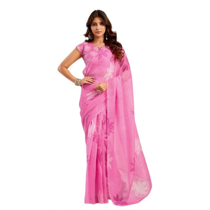 Generic Women's Faux Linen Floral Ready to wear Saree With Unstitched Blouse 5.5Mtr (Light_Pink)