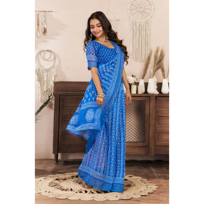 Generic Women's Faux Linen Geometric Print Ready to wear Saree With Unstitched Blouse 5.5Mtr (Blue)