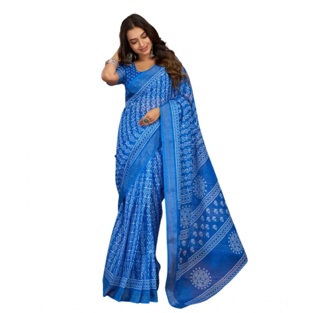 Generic Women's Faux Linen Geometric Print Ready to wear Saree With Unstitched Blouse 5.5Mtr (Blue)