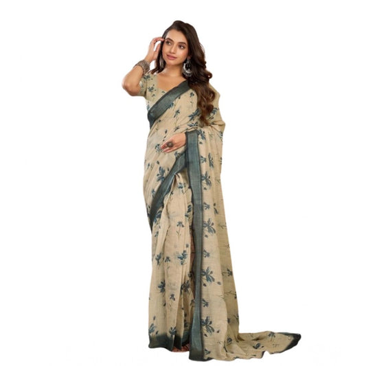 Generic Women's Faux Linen Floral Print Ready to wear Saree With Unstitched Blouse 5.5Mtr (LightBeige)