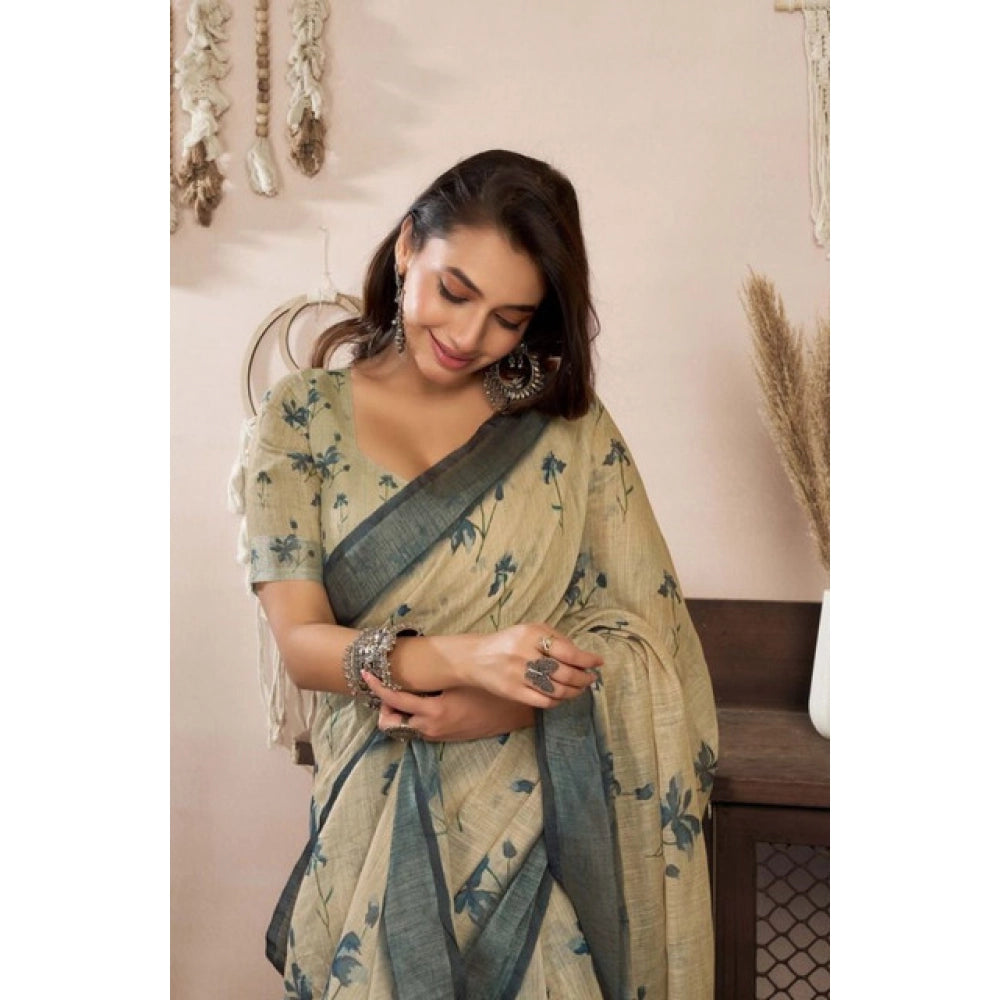 Generic Women's Faux Linen Floral Print Ready to wear Saree With Unstitched Blouse 5.5Mtr (LightBeige)