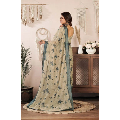 Generic Women's Faux Linen Floral Print Ready to wear Saree With Unstitched Blouse 5.5Mtr (LightBeige)
