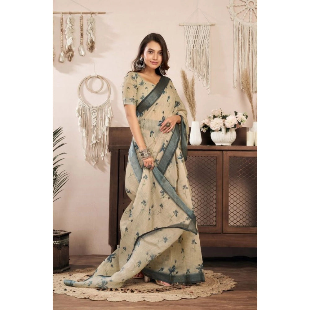 Generic Women's Faux Linen Floral Print Ready to wear Saree With Unstitched Blouse 5.5Mtr (LightBeige)