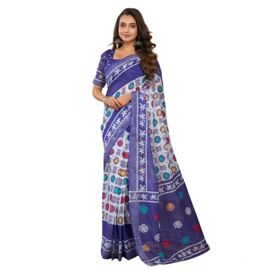 Generic Women's Faux Linen Geometric Print Ready to wear Saree With Unstitched Blouse 5.5Mtr (Blue)