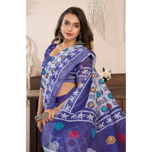 Generic Women's Faux Linen Geometric Print Ready to wear Saree With Unstitched Blouse 5.5Mtr (Blue)