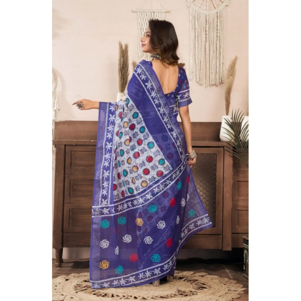Generic Women's Faux Linen Geometric Print Ready to wear Saree With Unstitched Blouse 5.5Mtr (Blue)