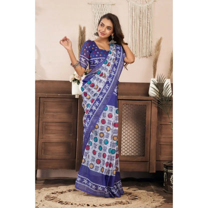 Generic Women's Faux Linen Geometric Print Ready to wear Saree With Unstitched Blouse 5.5Mtr (Blue)