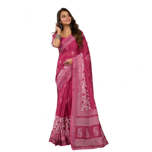 Generic Women's Faux Linen Floral Print Ready to wear Saree With Unstitched Blouse 5.5Mtr (Pink)