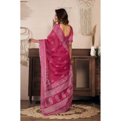 Generic Women's Faux Linen Floral Print Ready to wear Saree With Unstitched Blouse 5.5Mtr (Pink)