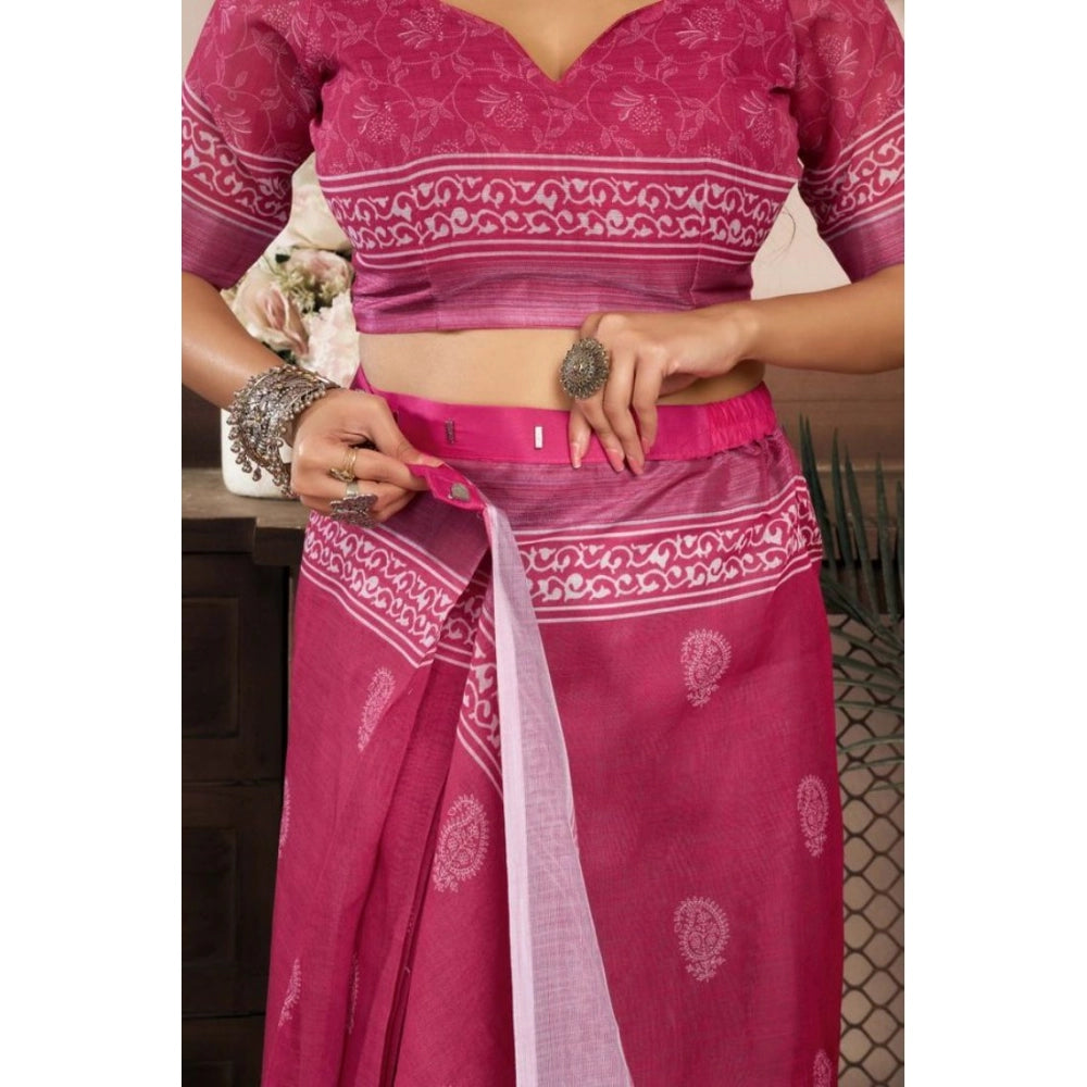 Generic Women's Faux Linen Floral Print Ready to wear Saree With Unstitched Blouse 5.5Mtr (Pink)
