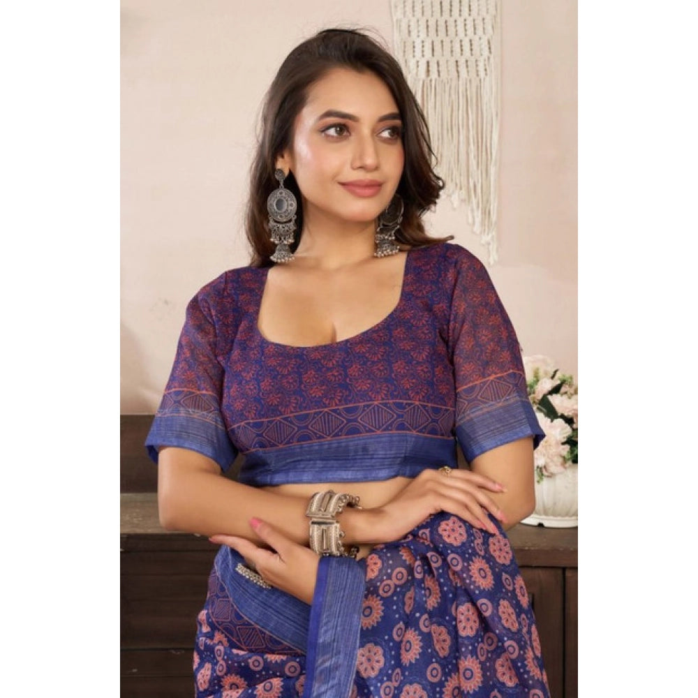 Generic Women's Faux Linen Floral Print Ready to wear Saree With Unstitched Blouse 5.5Mtr (Dark_NavyBlue)