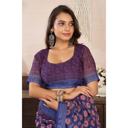 Generic Women's Faux Linen Floral Print Ready to wear Saree With Unstitched Blouse 5.5Mtr (Dark_NavyBlue)