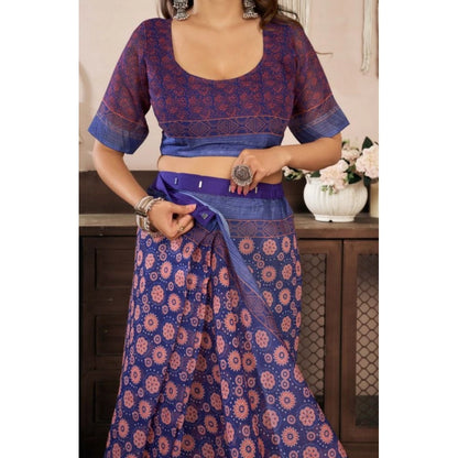 Generic Women's Faux Linen Floral Print Ready to wear Saree With Unstitched Blouse 5.5Mtr (Dark_NavyBlue)