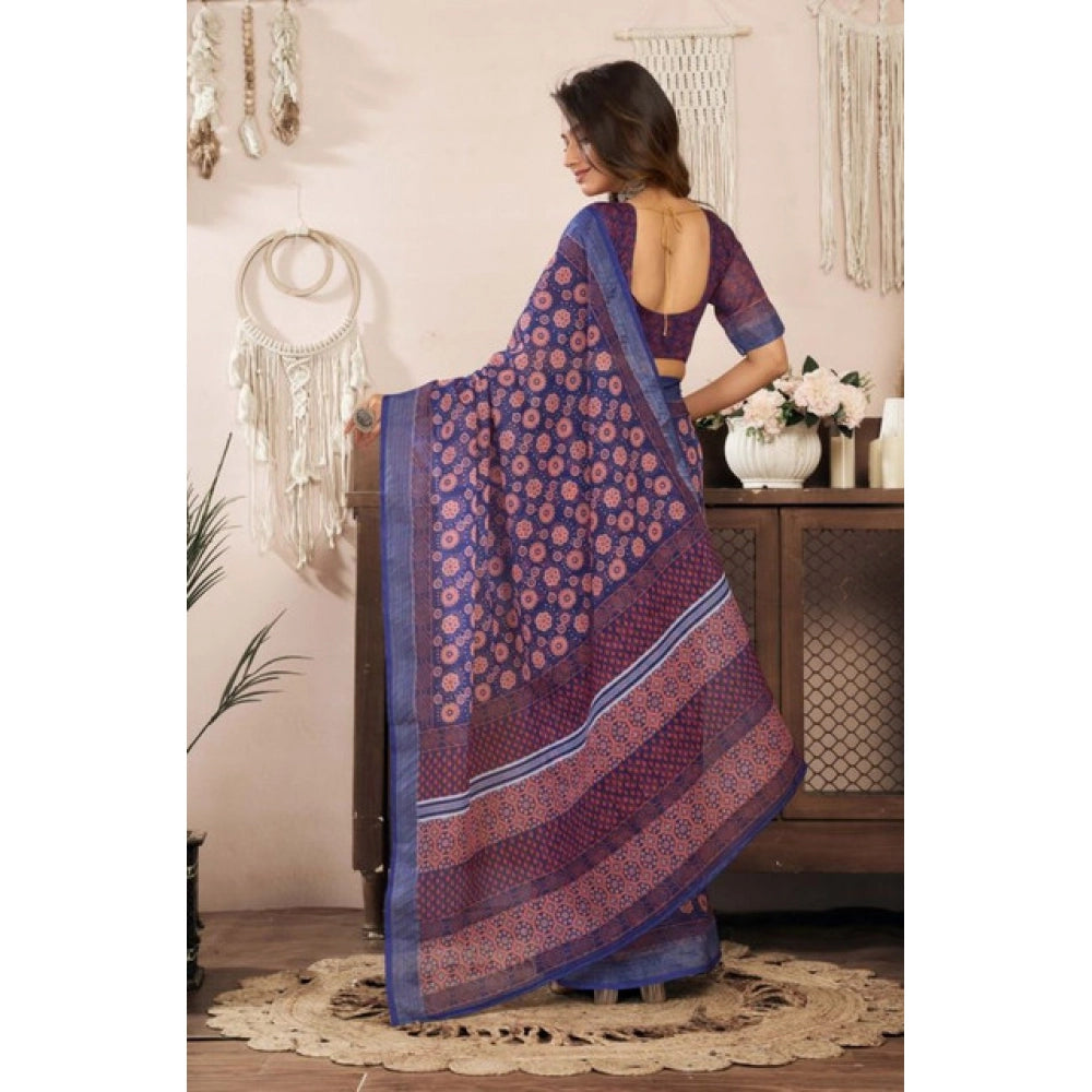 Generic Women's Faux Linen Floral Print Ready to wear Saree With Unstitched Blouse 5.5Mtr (Dark_NavyBlue)