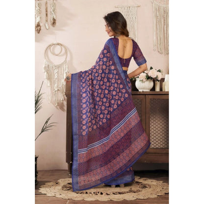 Generic Women's Faux Linen Floral Print Ready to wear Saree With Unstitched Blouse 5.5Mtr (Dark_NavyBlue)
