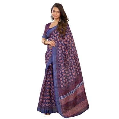 Generic Women's Faux Linen Floral Print Ready to wear Saree With Unstitched Blouse 5.5Mtr (Dark_NavyBlue)