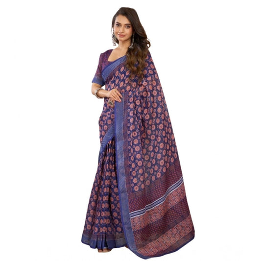 Generic Women's Faux Linen Floral Print Ready to wear Saree With Unstitched Blouse 5.5Mtr (Dark_NavyBlue)