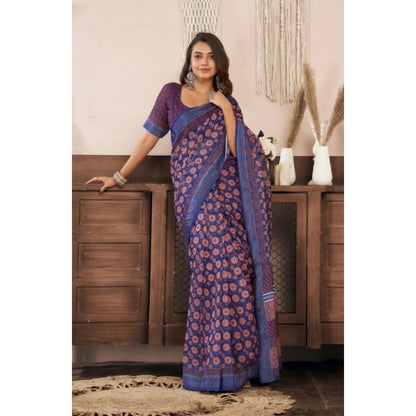 Generic Women's Faux Linen Floral Print Ready to wear Saree With Unstitched Blouse 5.5Mtr (Dark_NavyBlue)