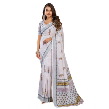 Generic Women's Faux Linen Floral Print Ready to wear Saree With Unstitched Blouse 5.5Mtr (Off_White)