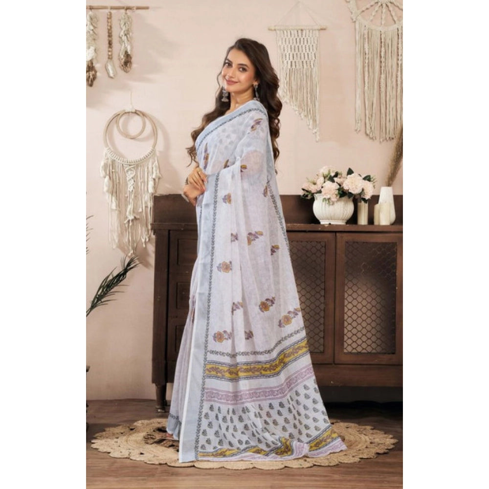 Generic Women's Faux Linen Floral Print Ready to wear Saree With Unstitched Blouse 5.5Mtr (Off_White)