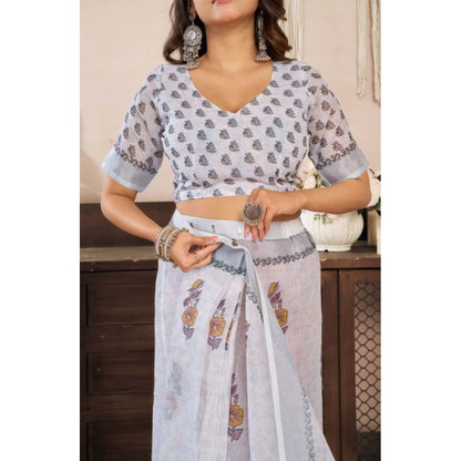 Generic Women's Faux Linen Floral Print Ready to wear Saree With Unstitched Blouse 5.5Mtr (Off_White)