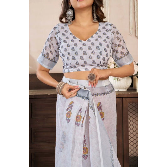 Generic Women's Faux Linen Floral Print Ready to wear Saree With Unstitched Blouse 5.5Mtr (Off_White)