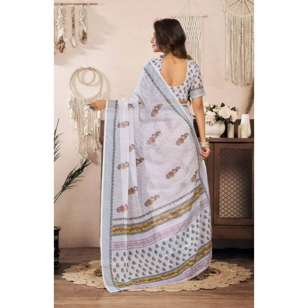 Generic Women's Faux Linen Floral Print Ready to wear Saree With Unstitched Blouse 5.5Mtr (Off_White)