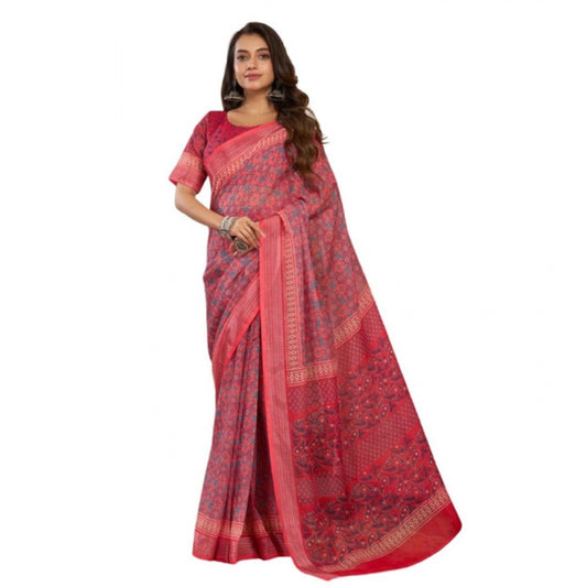 Generic Women's Faux Linen Geometric Print Ready to wear Saree With Unstitched Blouse 5.5Mtr (Red)