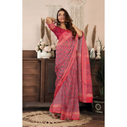Generic Women's Faux Linen Geometric Print Ready to wear Saree With Unstitched Blouse 5.5Mtr (Red)