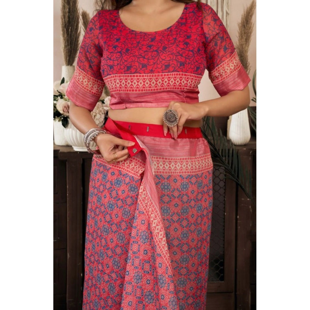 Generic Women's Faux Linen Geometric Print Ready to wear Saree With Unstitched Blouse 5.5Mtr (Red)