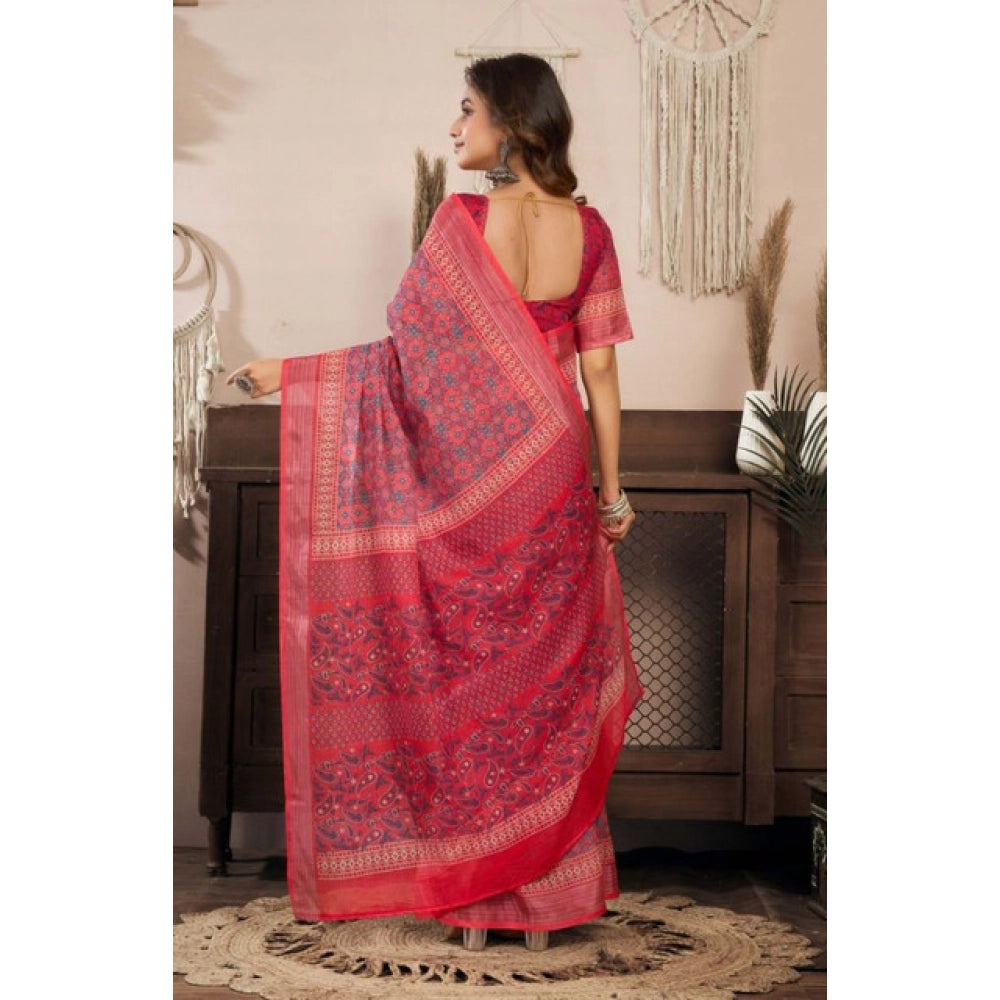 Generic Women's Faux Linen Geometric Print Ready to wear Saree With Unstitched Blouse 5.5Mtr (Red)