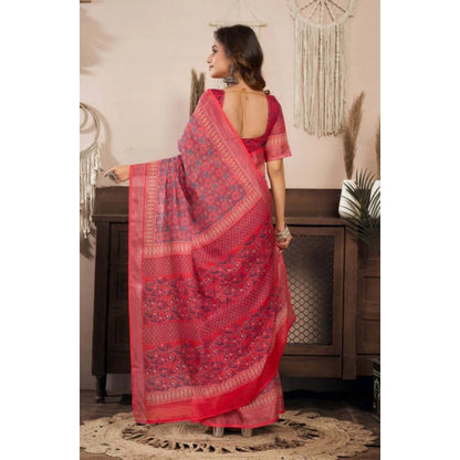 Generic Women's Faux Linen Geometric Print Ready to wear Saree With Unstitched Blouse 5.5Mtr (Red)