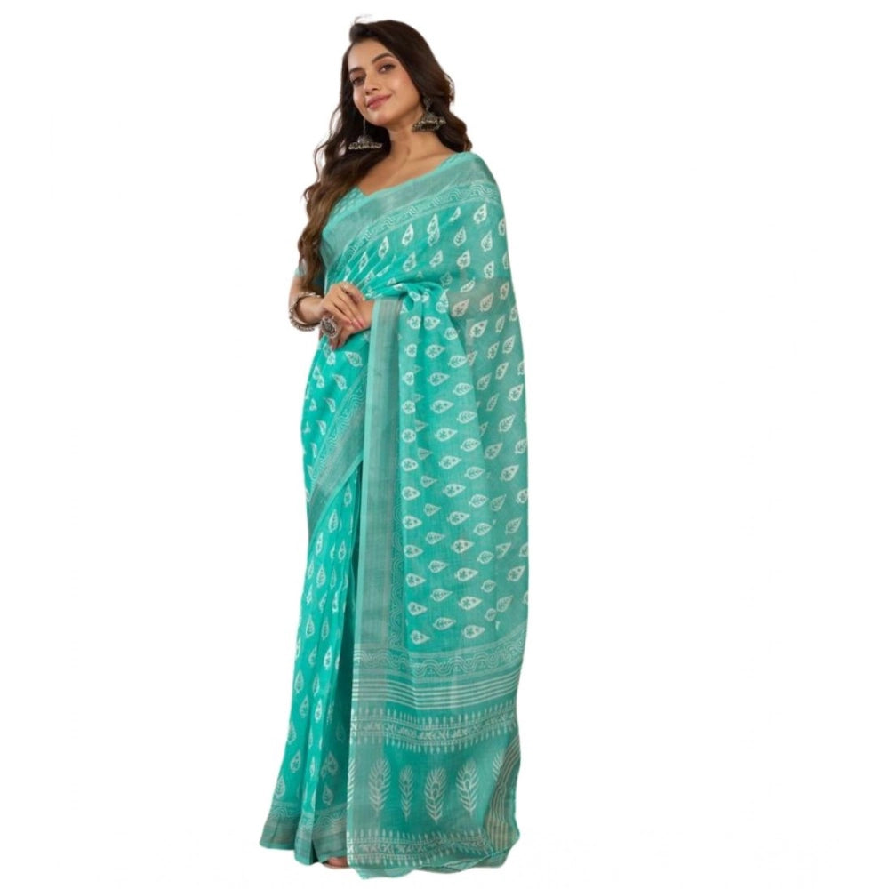 Generic Women's Faux Linen Leaf Print Ready to wear Saree With Unstitched Blouse 5.5Mtr (SeaGreen)