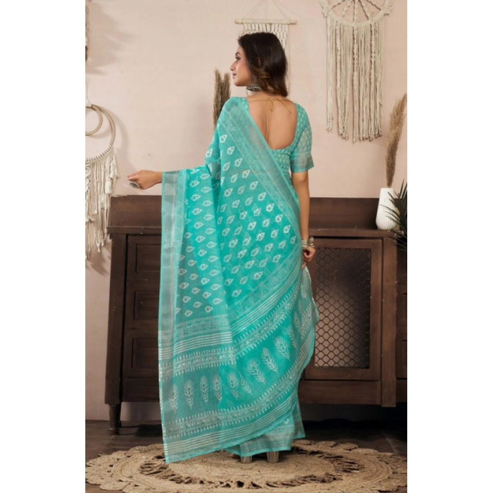 Generic Women's Faux Linen Leaf Print Ready to wear Saree With Unstitched Blouse 5.5Mtr (SeaGreen)