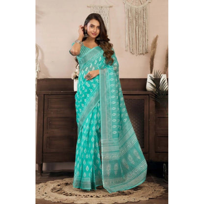 Generic Women's Faux Linen Leaf Print Ready to wear Saree With Unstitched Blouse 5.5Mtr (SeaGreen)
