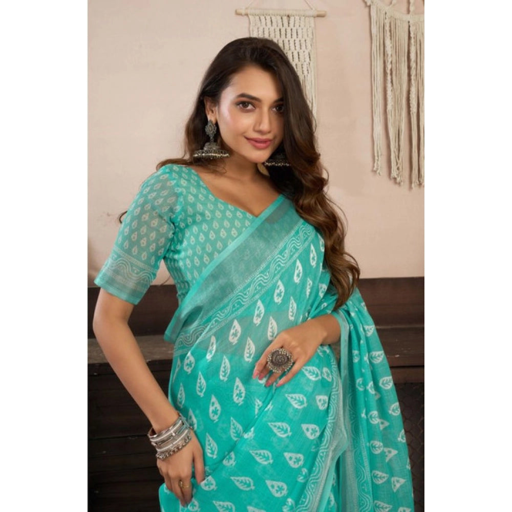 Generic Women's Faux Linen Leaf Print Ready to wear Saree With Unstitched Blouse 5.5Mtr (SeaGreen)