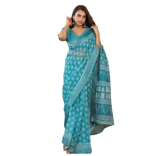 Generic Women's Faux Linen Floral Print Ready to wear Saree With Unstitched Blouse 5.5Mtr (AquaBlue)