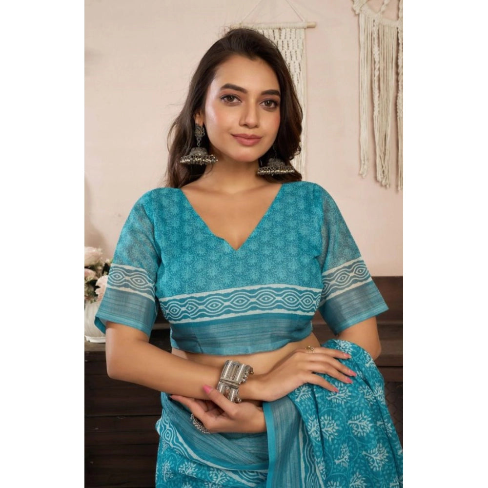 Generic Women's Faux Linen Floral Print Ready to wear Saree With Unstitched Blouse 5.5Mtr (AquaBlue)