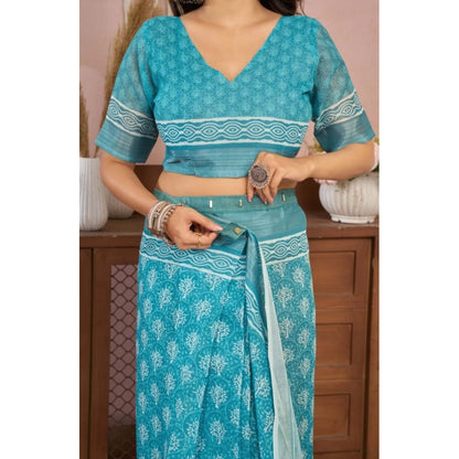 Generic Women's Faux Linen Floral Print Ready to wear Saree With Unstitched Blouse 5.5Mtr (AquaBlue)