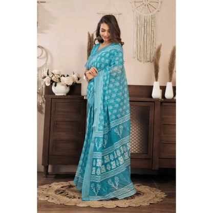 Generic Women's Faux Linen Floral Print Ready to wear Saree With Unstitched Blouse 5.5Mtr (AquaBlue)