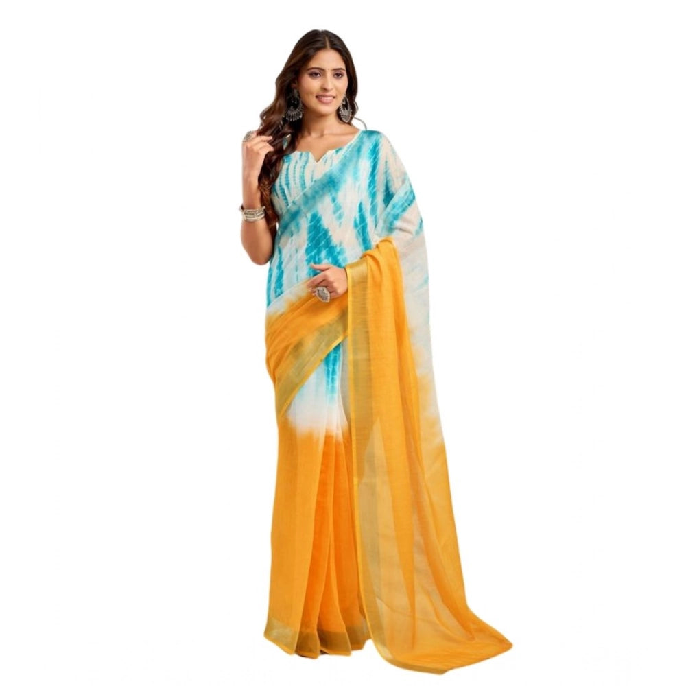 Generic Women's Faux Linen Abstract Print Ready to wear Saree With Unstitched Blouse 5.5Mtr (Multicolor)