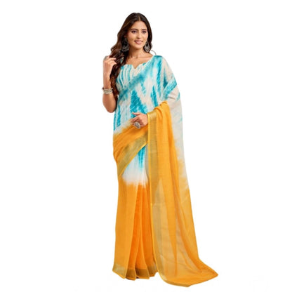 Generic Women's Faux Linen Abstract Print Ready to wear Saree With Unstitched Blouse 5.5Mtr (Multicolor)
