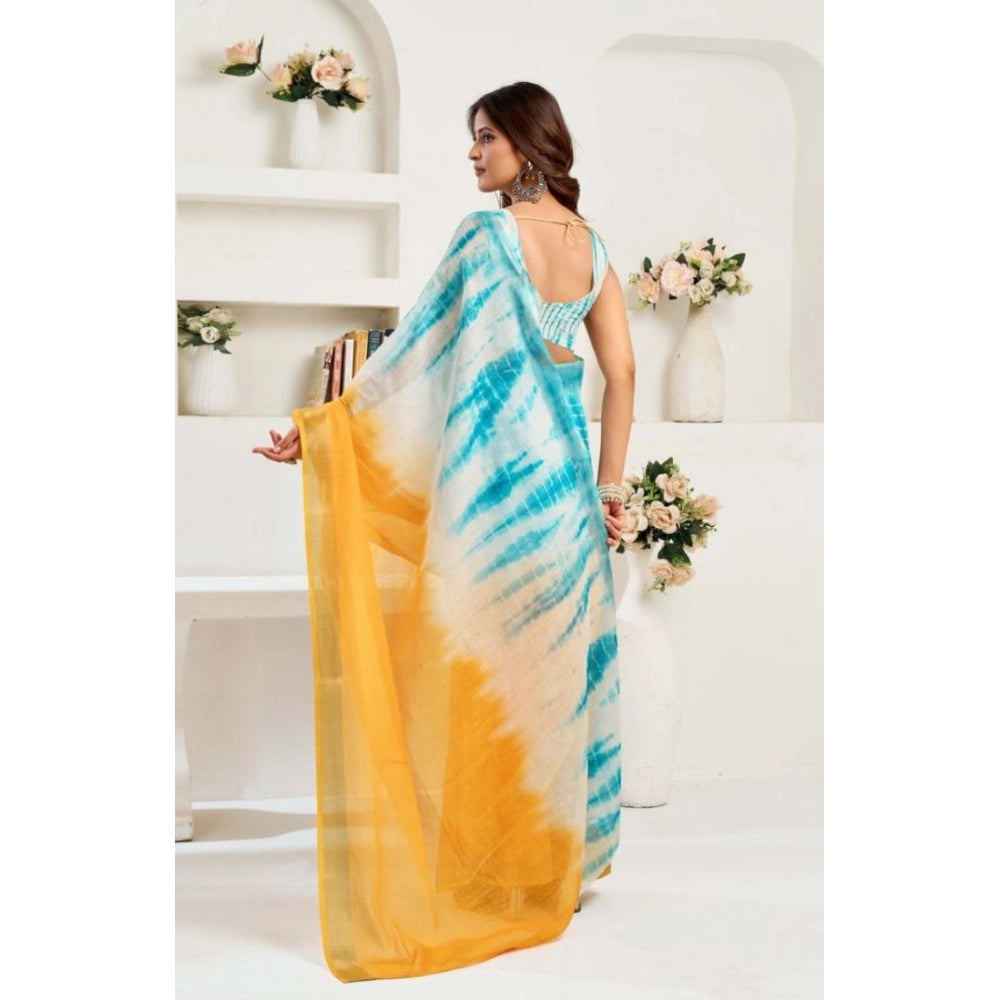 Generic Women's Faux Linen Abstract Print Ready to wear Saree With Unstitched Blouse 5.5Mtr (Multicolor)