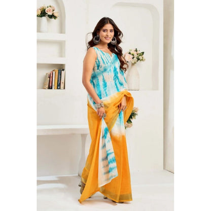 Generic Women's Faux Linen Abstract Print Ready to wear Saree With Unstitched Blouse 5.5Mtr (Multicolor)